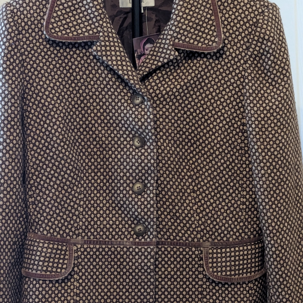 Le Suit Brown Cream Textured Knit Blazer Jacket Velvet Trim Women’s Size 14